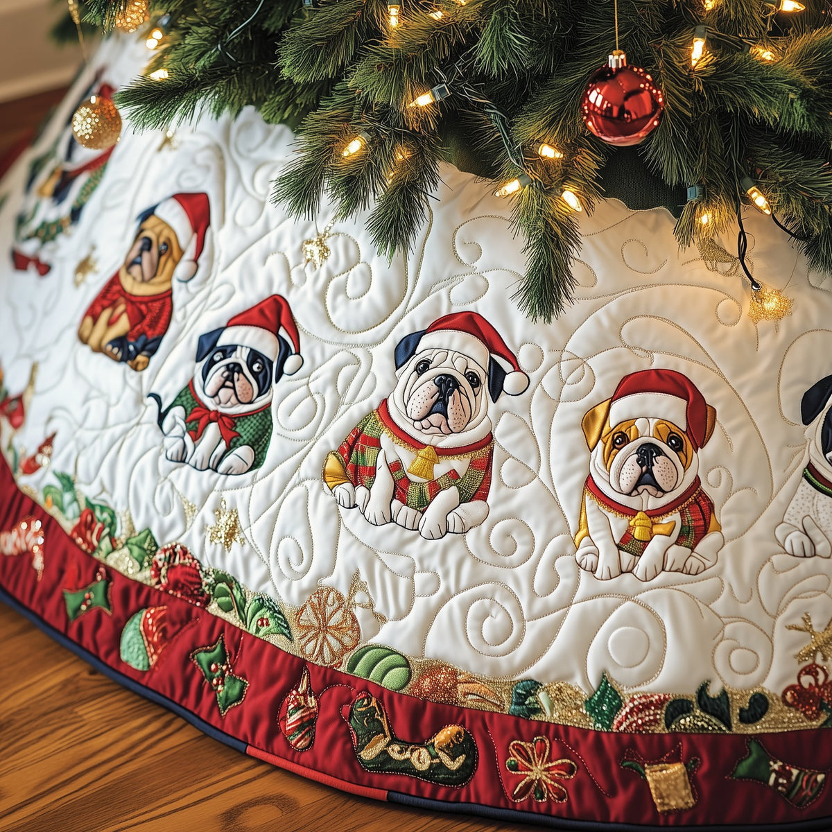Bulldogs in Hats on Ivory Quilt Christmas Tree Skirt