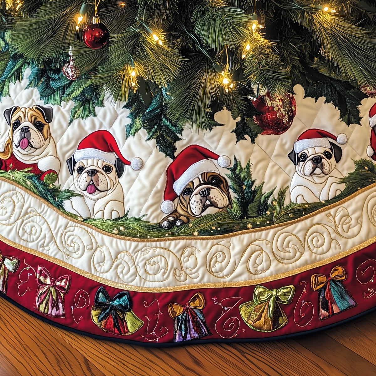 Bulldogs on the Ribbon Border Christmas Tree Skirt