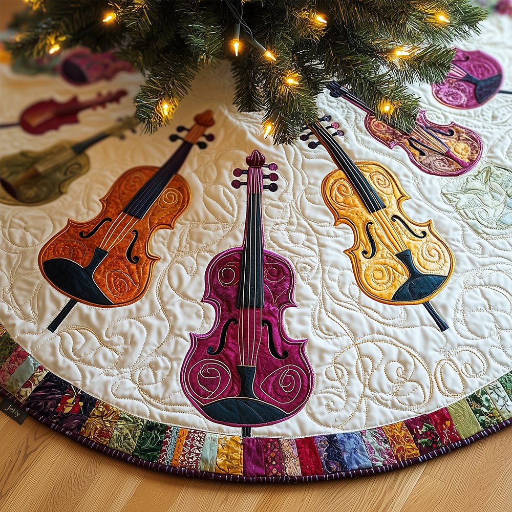 Violins in Amber and Plum on Cream Christmas Tree Skirt