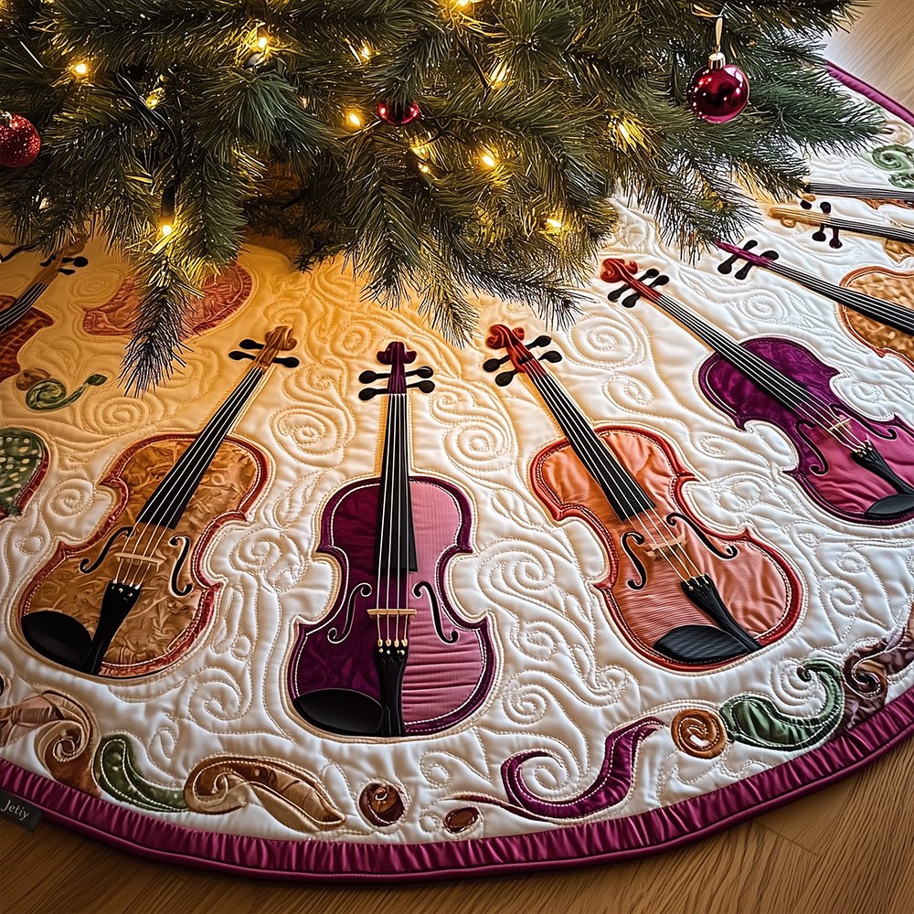 Warm Toned Violins on Ivory Quilting Christmas Tree Skirt