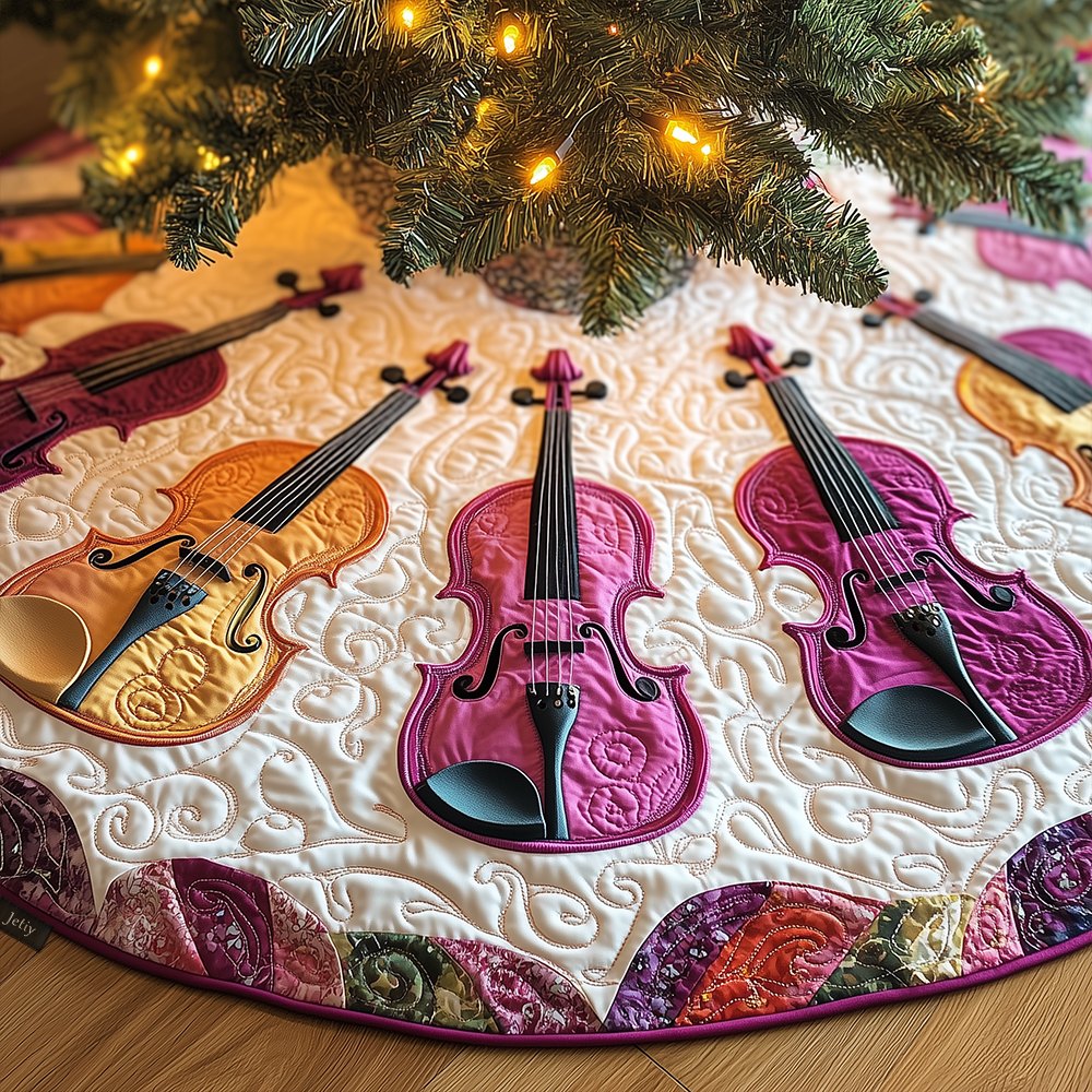 Pink and Coral Violins on White Christmas Tree Skirt