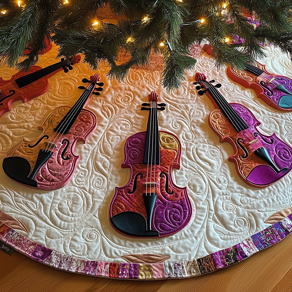 Plum Violins on Lavender Swirls Christmas Tree Skirt
