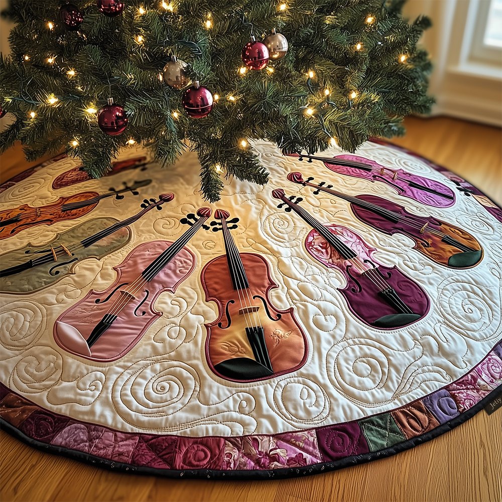 Pastel Pink Violins on White Christmas Tree Skirt