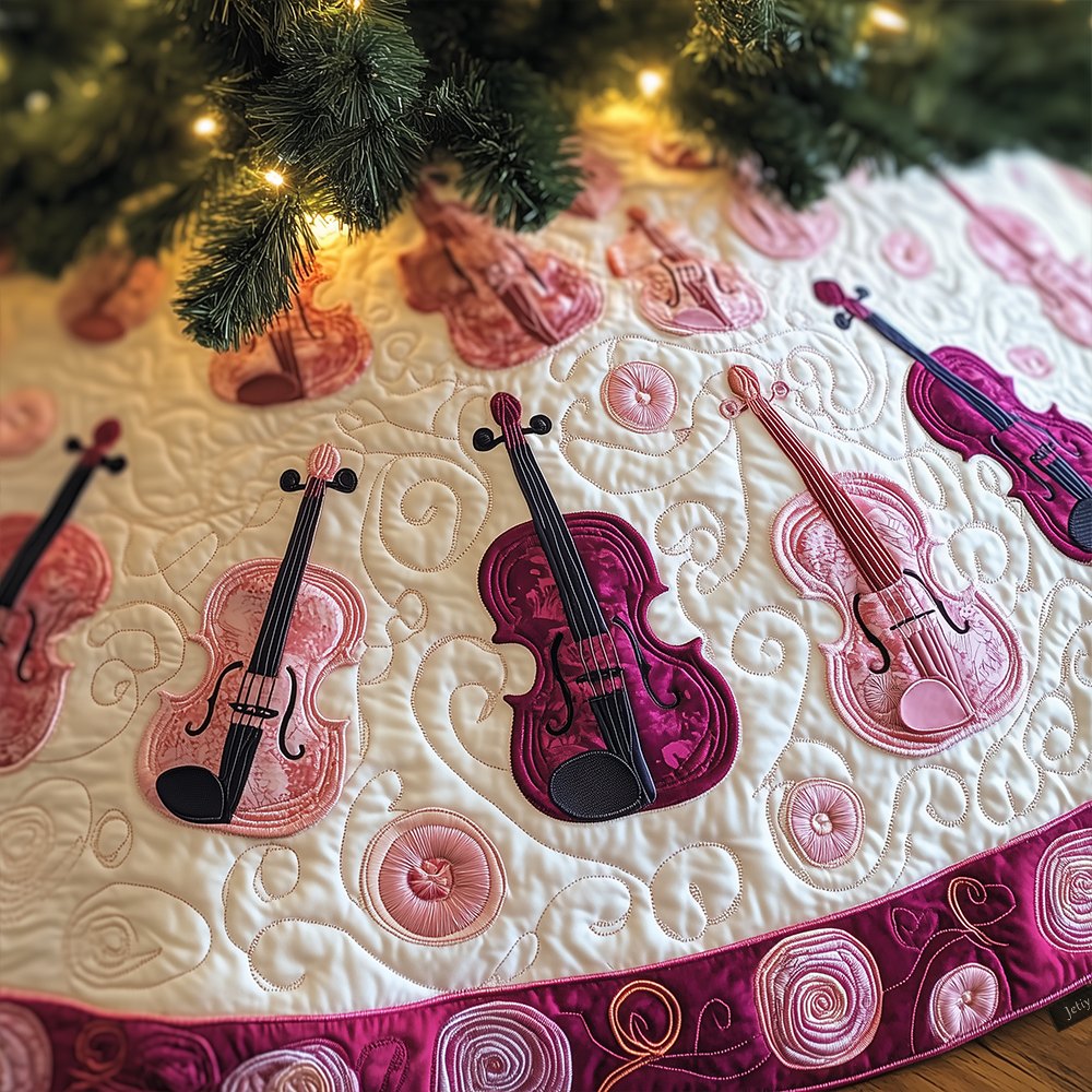 Berry Violins on Blush Pink Christmas Tree Skirt
