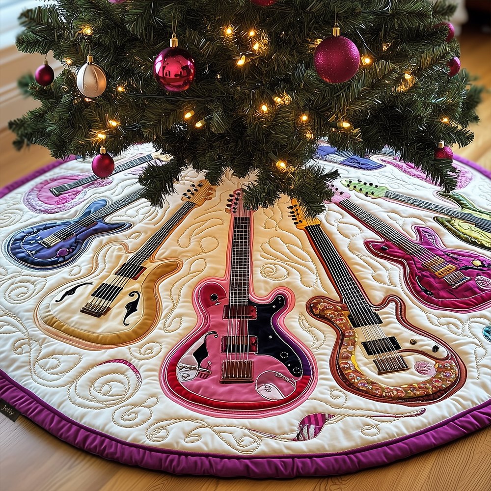 Pink Electric Guitars with Patchwork Border Christmas Tree Skirt