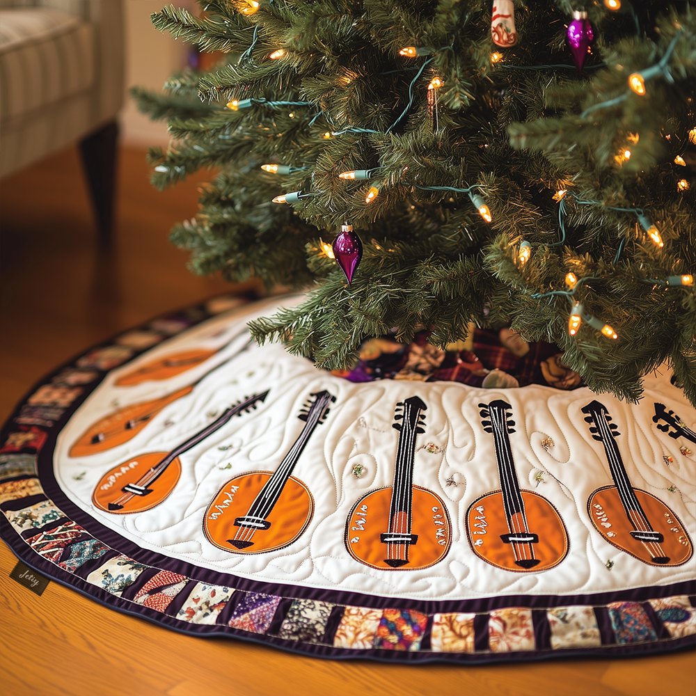 Mandolins on White Floral Border Christmas Tree Skirt