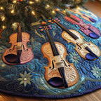 Golden Violins on Blue with Daisies Christmas Tree Skirt