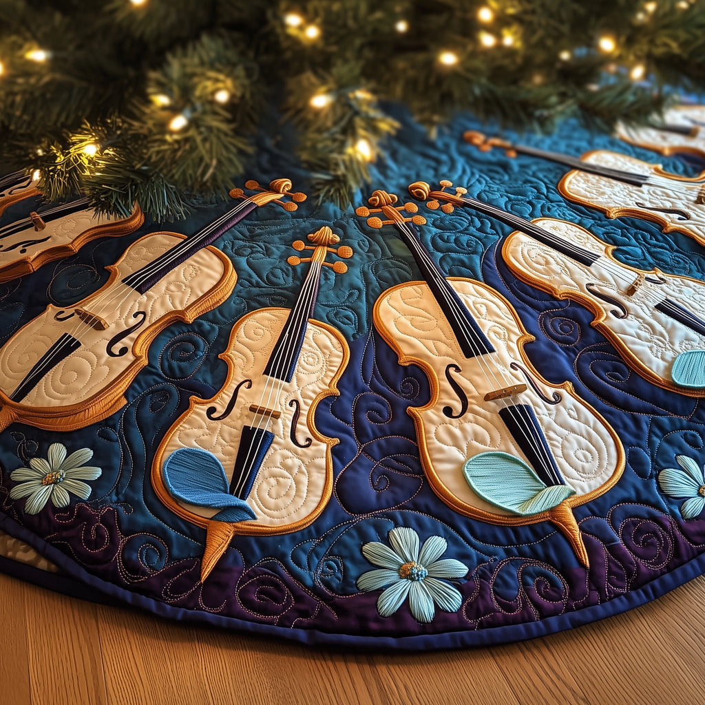 Violins and Cellos on Deep Blue Christmas Tree Skirt