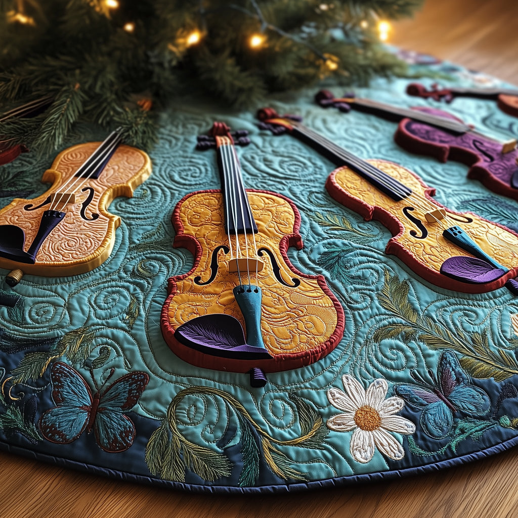 Violins on Teal with White Daisies Christmas Tree Skirt