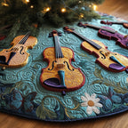 Violins on Teal with White Daisies Christmas Tree Skirt