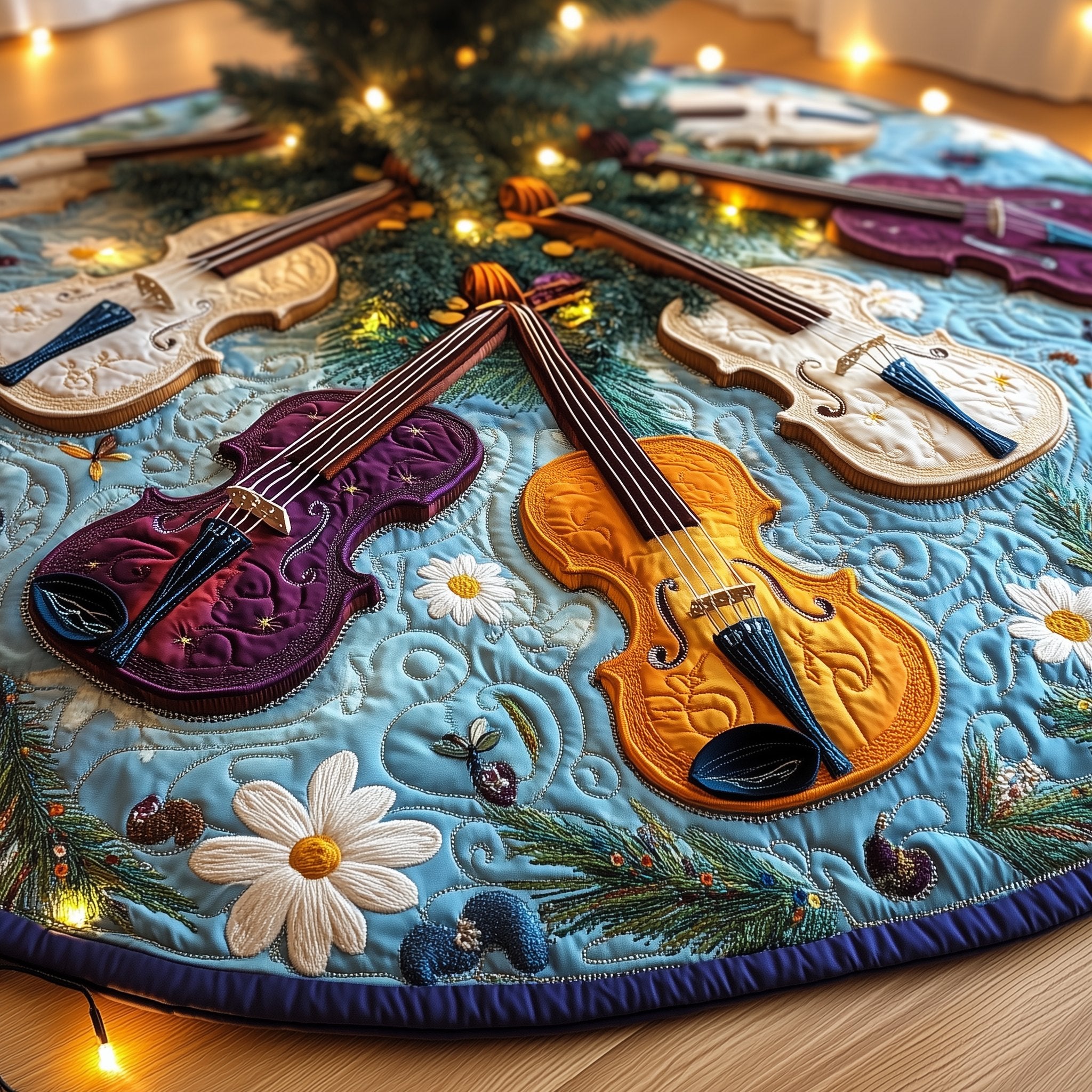 Amber Violins on Sky Blue Daisies Christmas Tree Skirt
