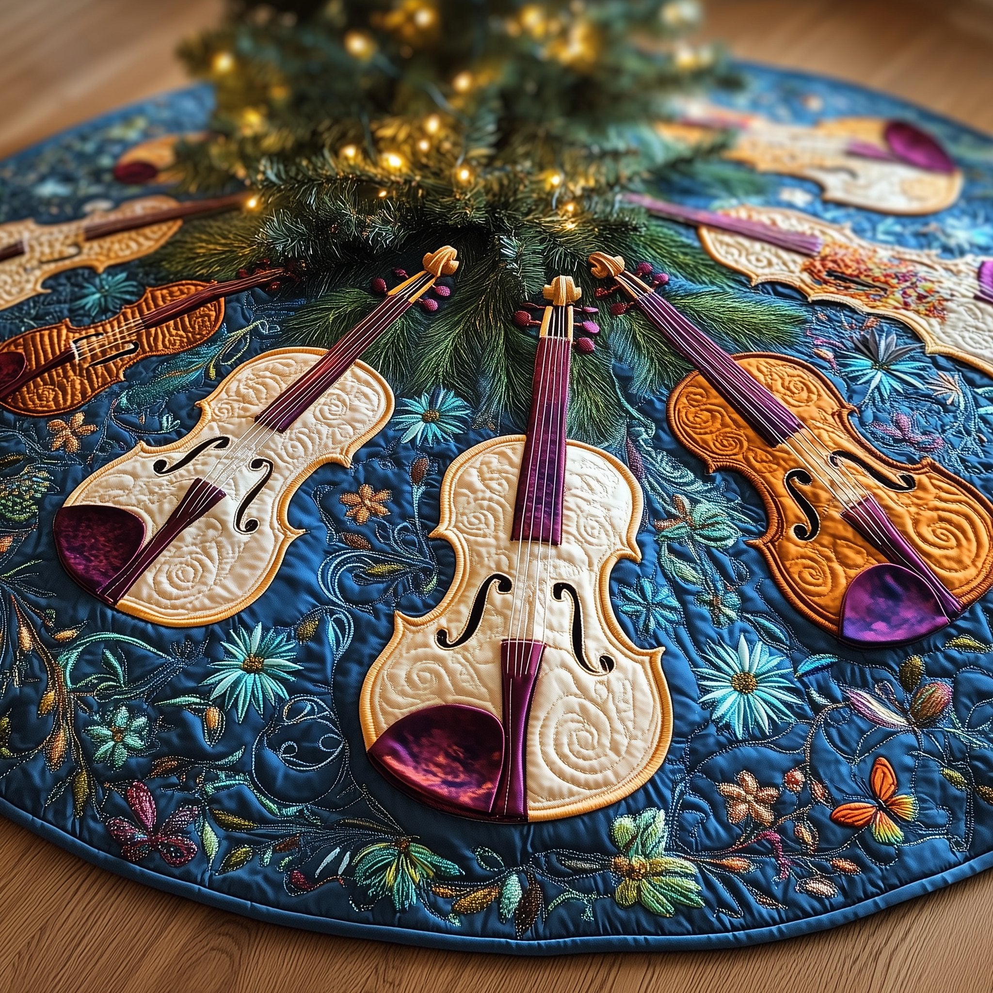 Violins on the Royal Blue Floral Ground Christmas Tree Skirt