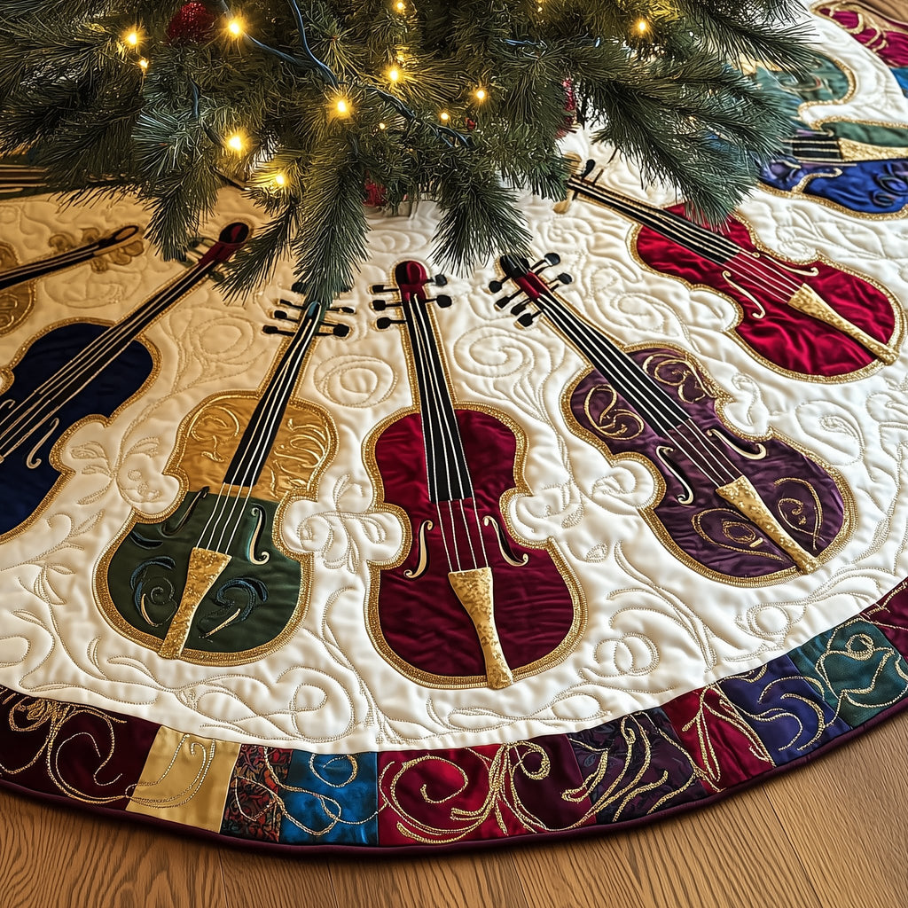 Jewel Toned Cellos on White Christmas Tree Skirt