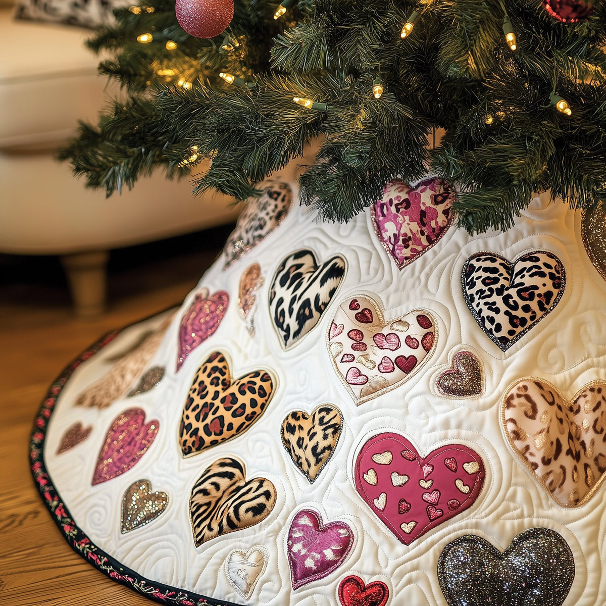 Pink and Leopard Hearts with Sweet Prints Christmas Tree Skirt
