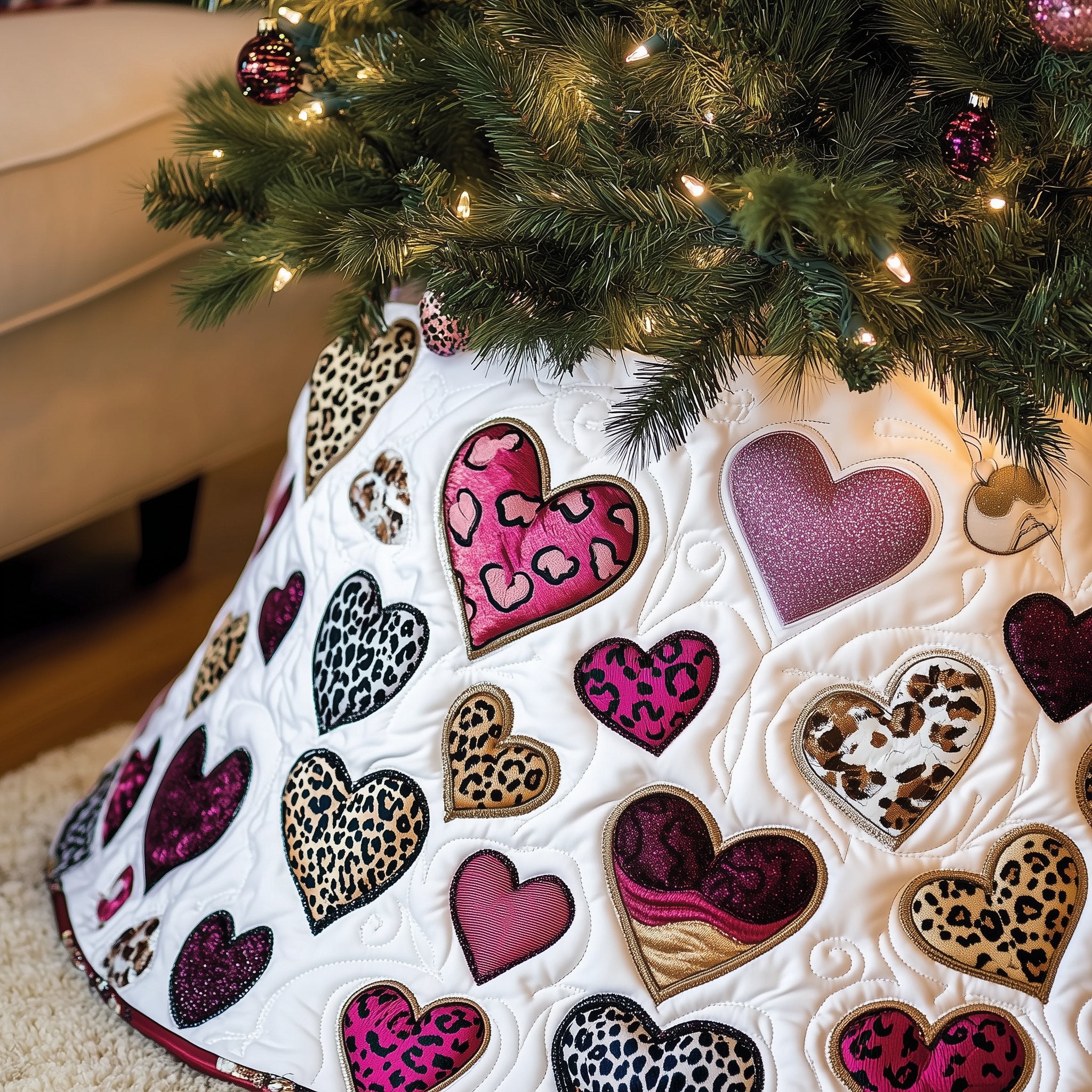 Magenta and Leopard Hearts on White Christmas Tree Skirt