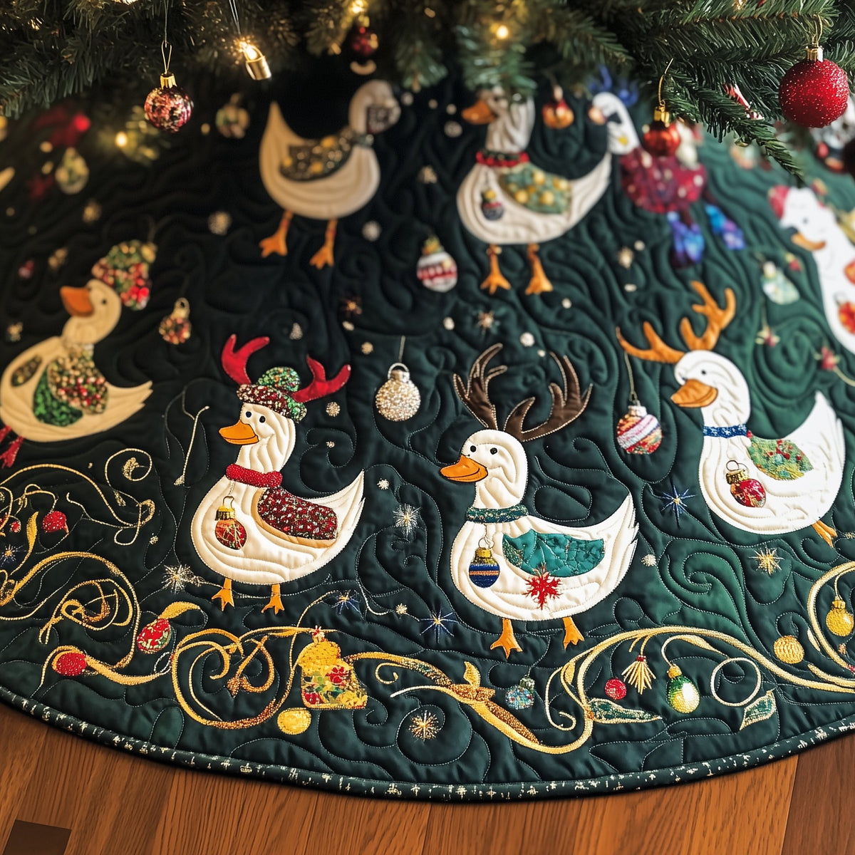 Geese in Santa Hats on Emerald Christmas Tree Skirt