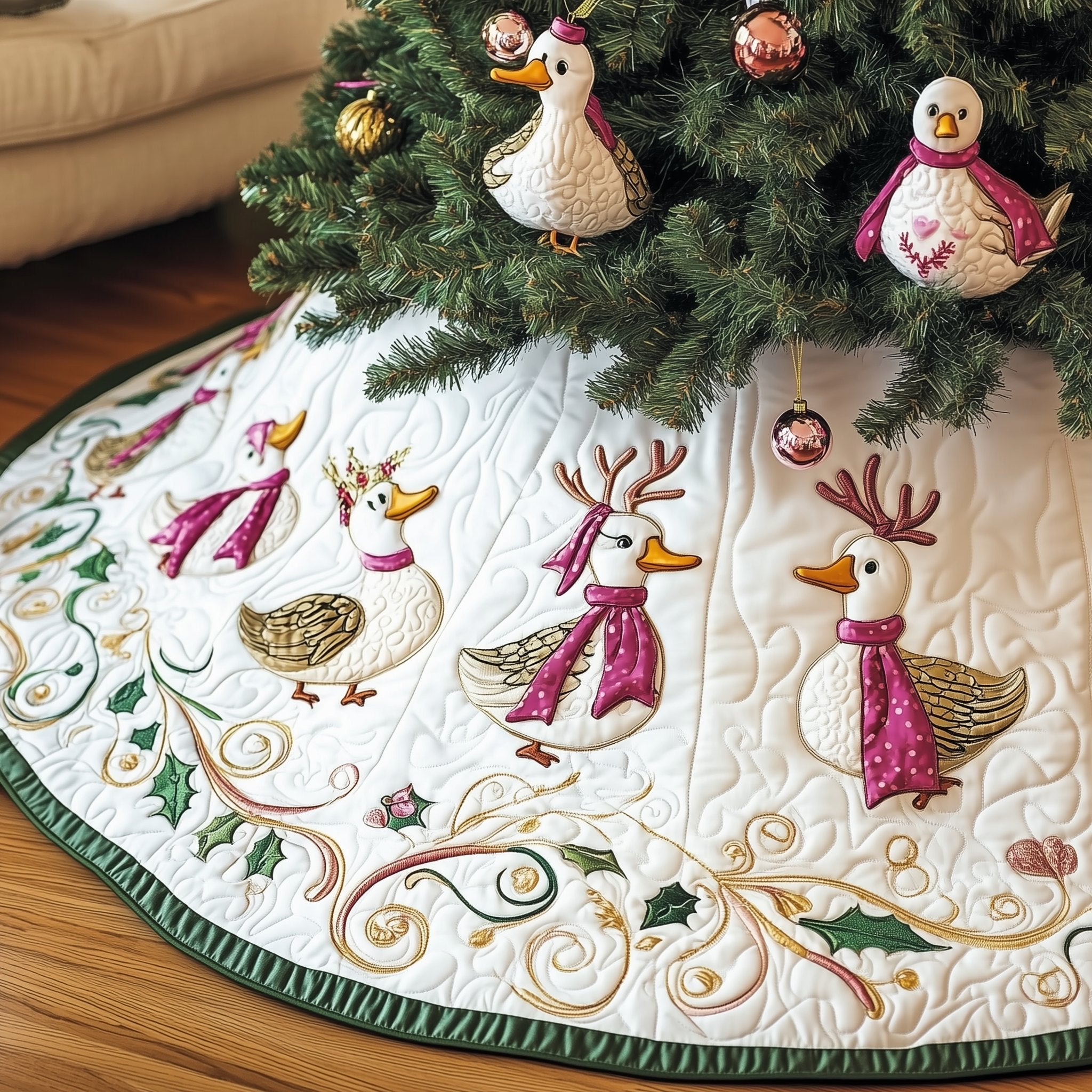 Geese in Pink Scarves on Cream Christmas Tree Skirt