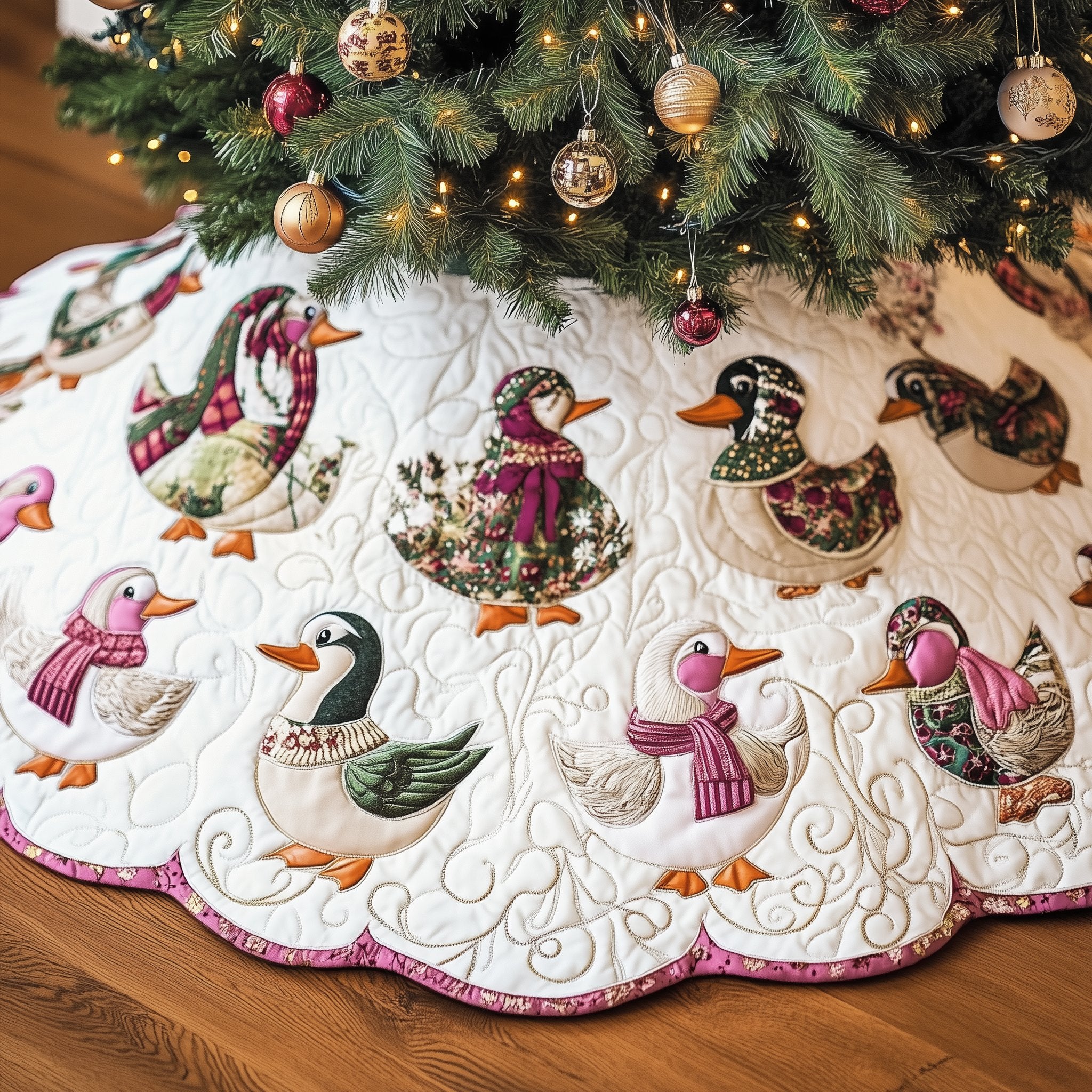 Ducks with Floral Feathers and Scalloped Edge Christmas Tree Skirt