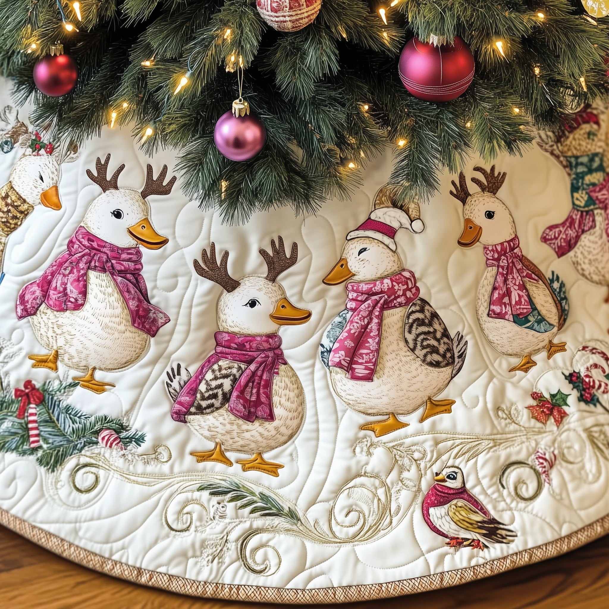 Geese in Antlers and Pink Scarves Christmas Tree Skirt