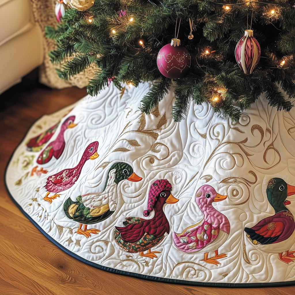 Pink and Green Ducks on White Christmas Tree Skirt