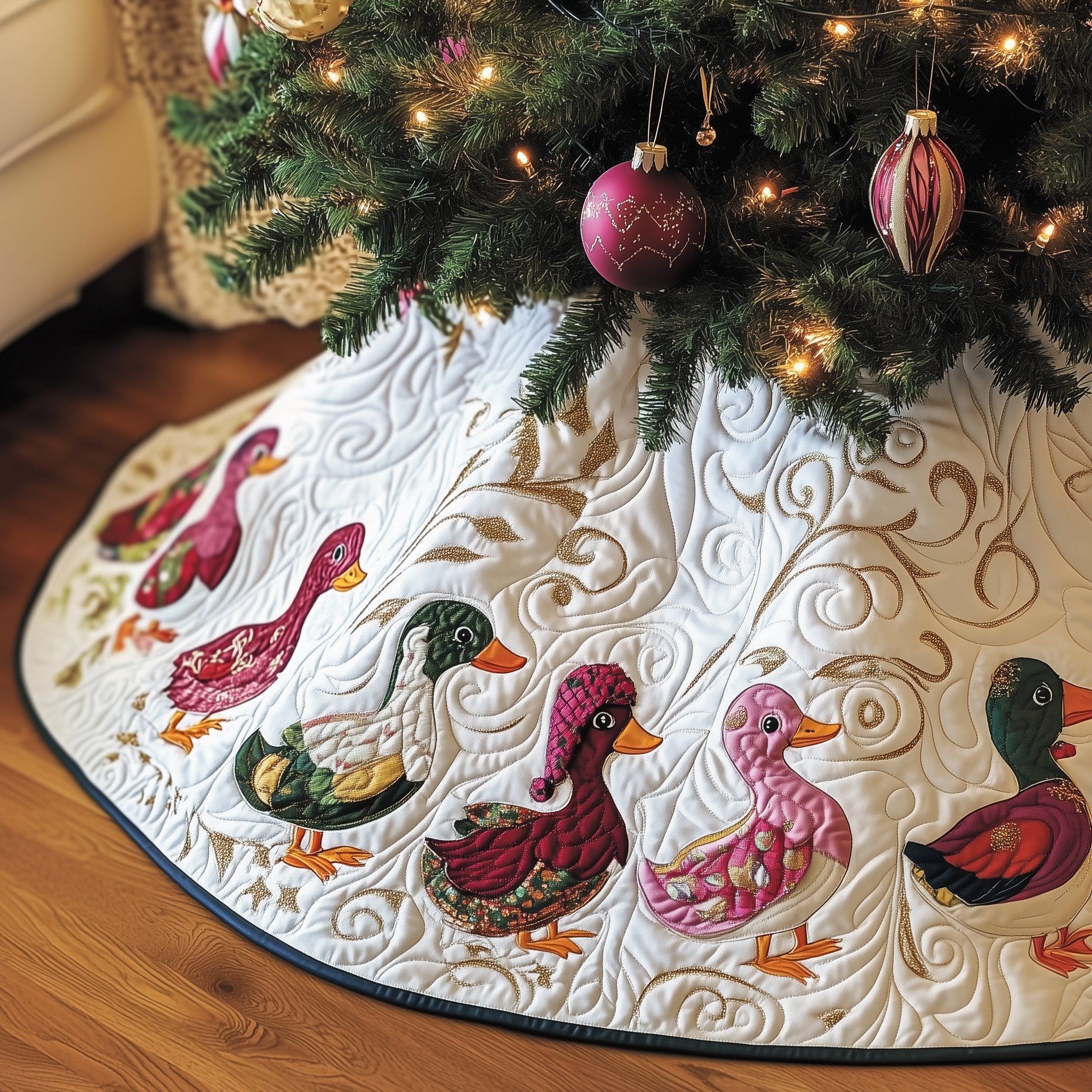 Pink and Green Ducks on White Christmas Tree Skirt