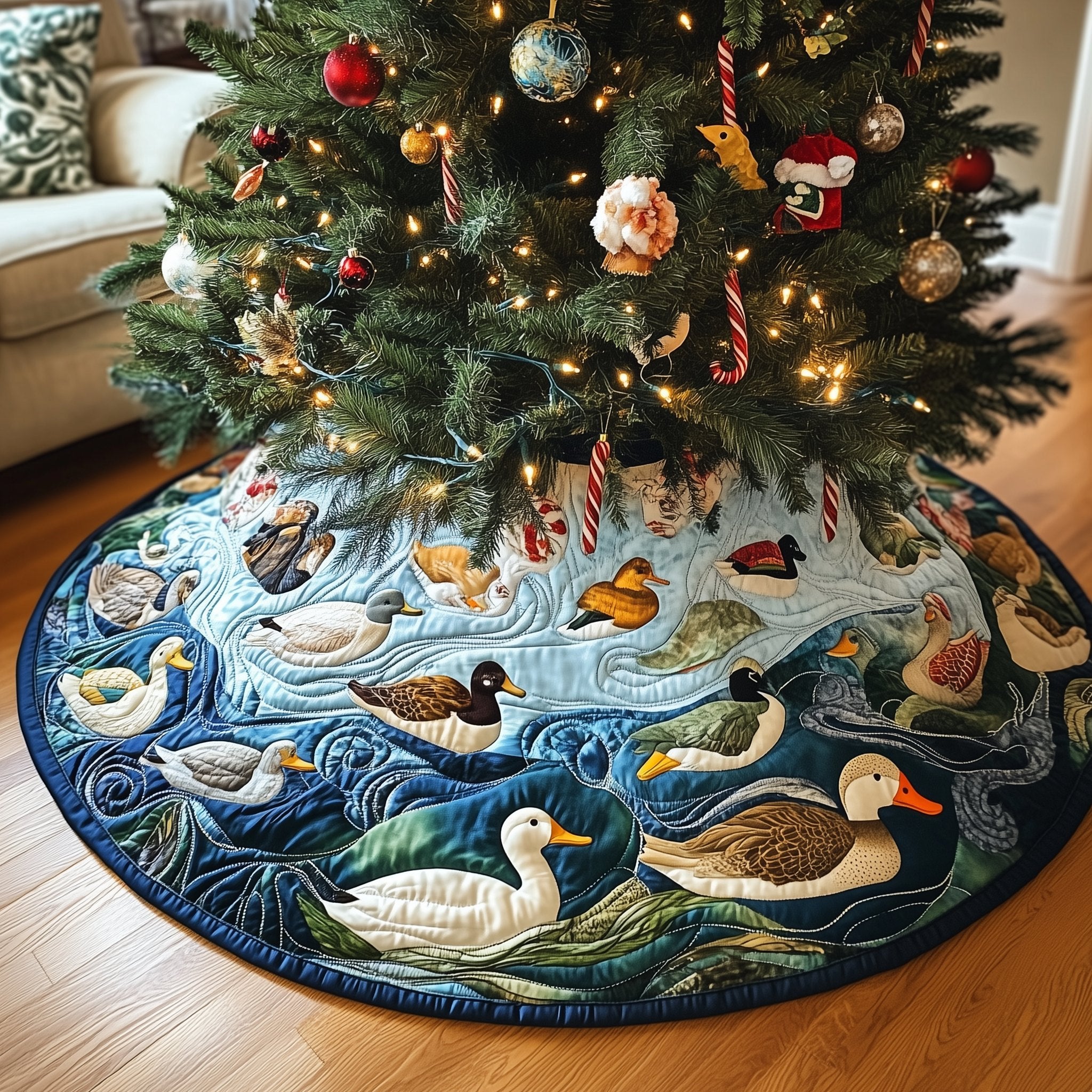 Ducks on the Blue Water Christmas Tree Skirt