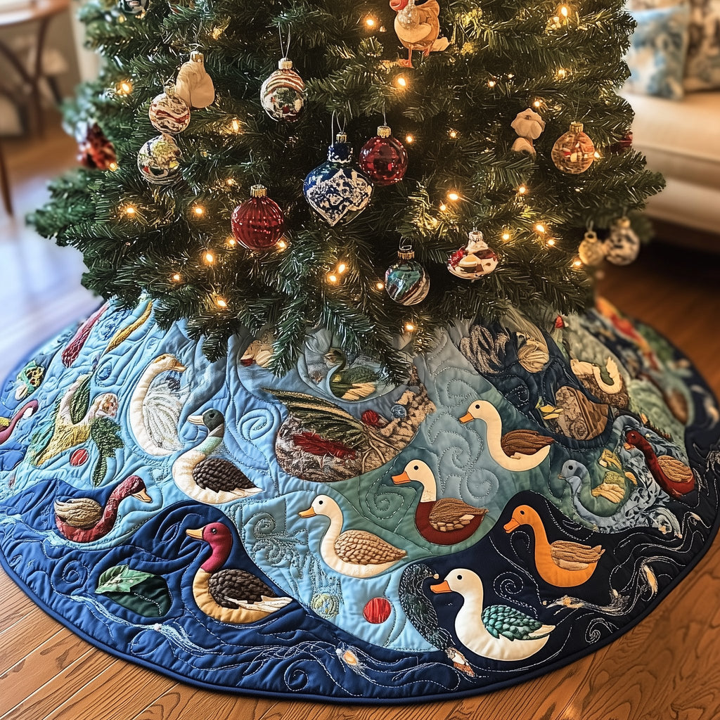 Ducks Swimming in Blue Waves Christmas Tree Skirt