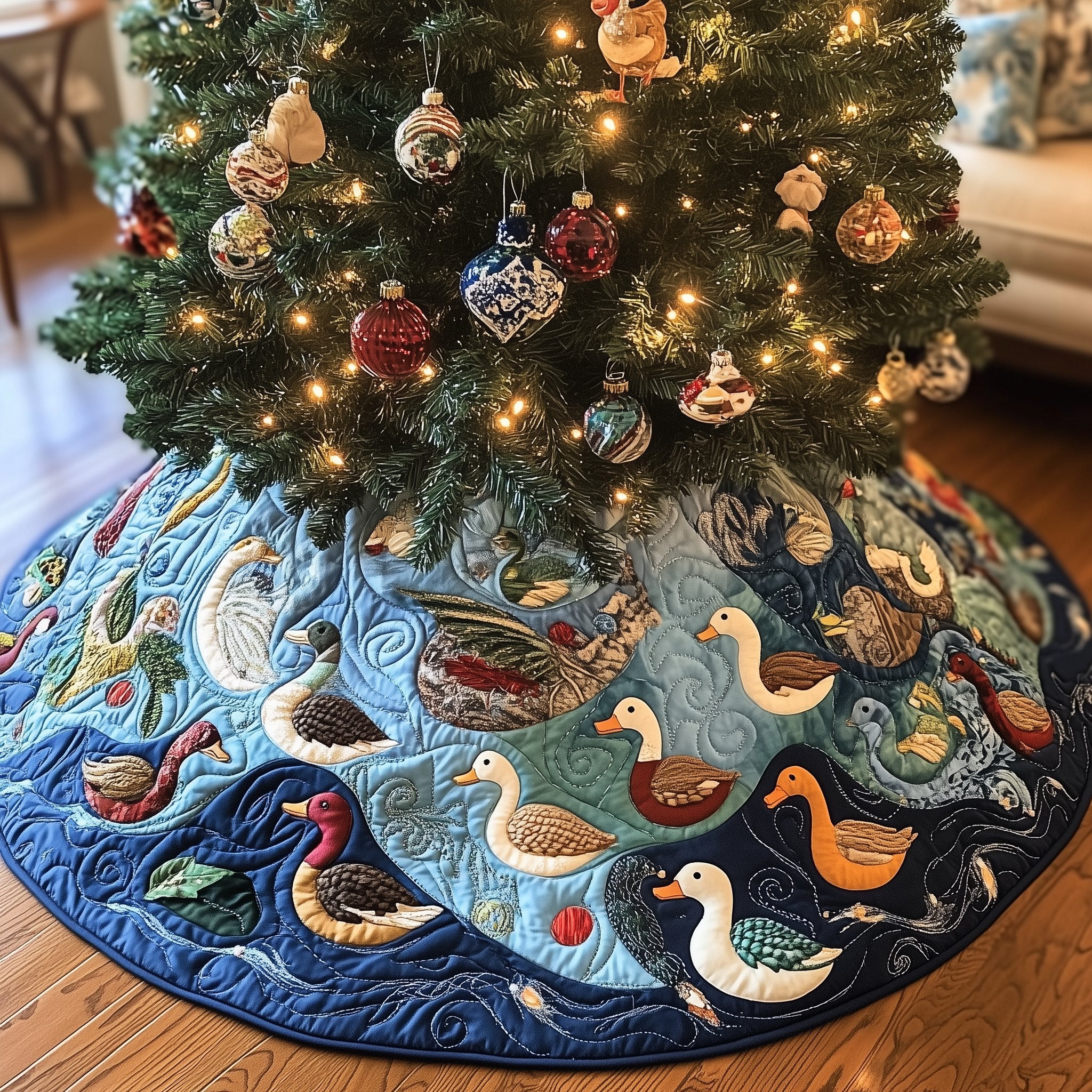 Ducks Swimming in Blue Waves Christmas Tree Skirt