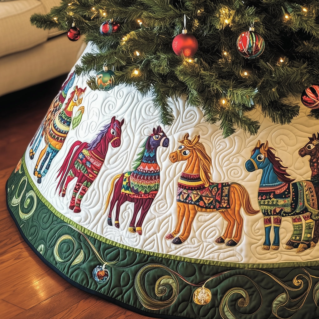 Folk Dala Horses with Green Border Christmas Tree Skirt
