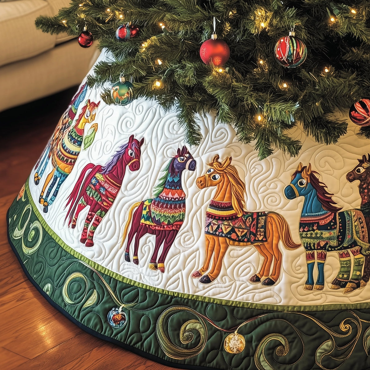 Folk Dala Horses with Green Border Christmas Tree Skirt