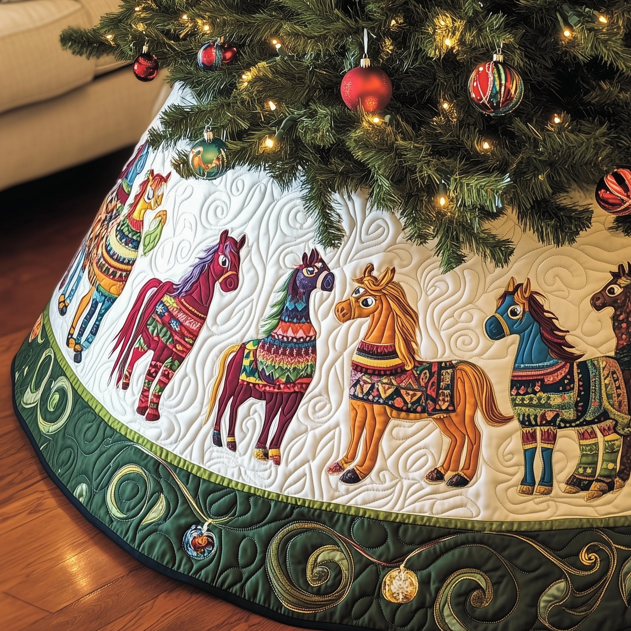 Folk Dala Horses with Green Border Christmas Tree Skirt