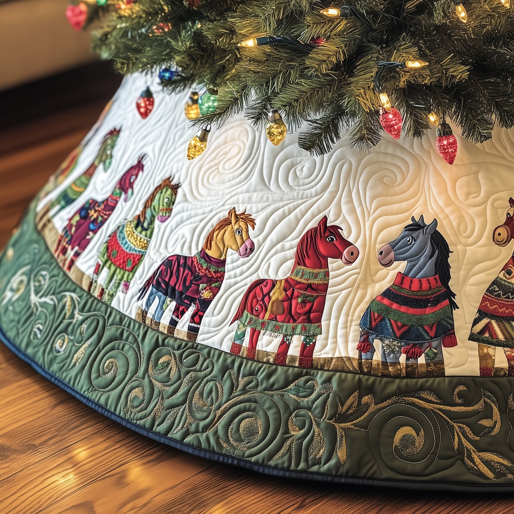 Folk Dala Horses on White Christmas Tree Skirt