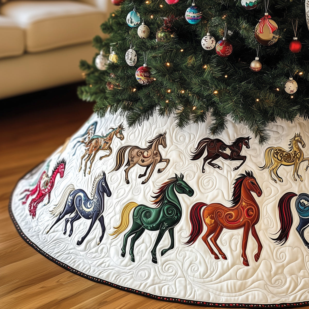 Galloping Horses in Green and Red Christmas Tree Skirt