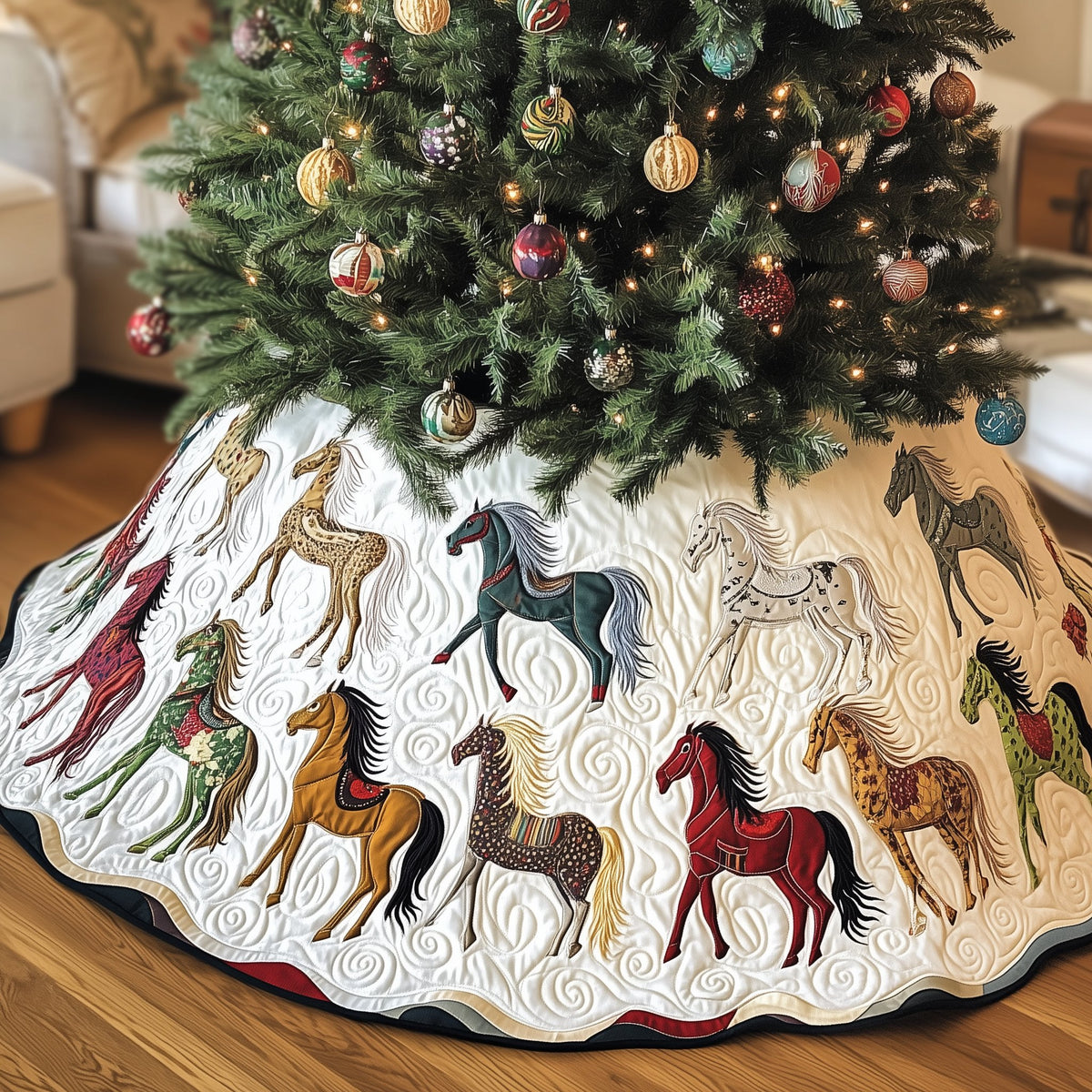 Horses Trotting on White Quilt Christmas Tree Skirt