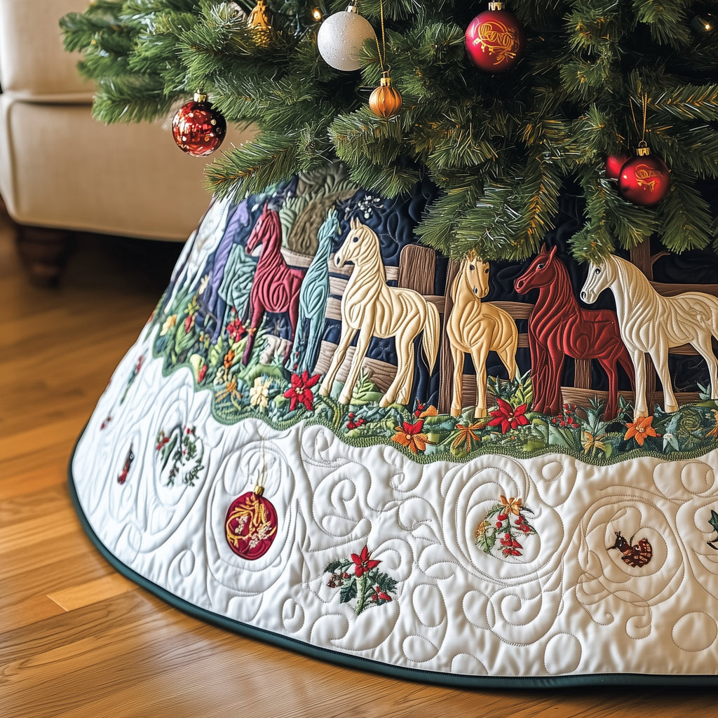 Colorful Horses Above White Swirls Christmas Tree Skirt