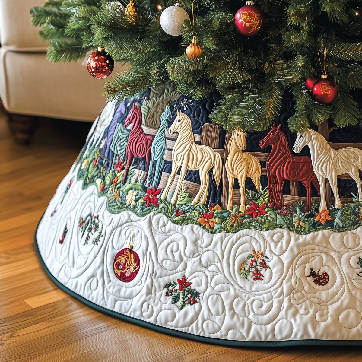 Colorful Horses Above White Swirls Christmas Tree Skirt