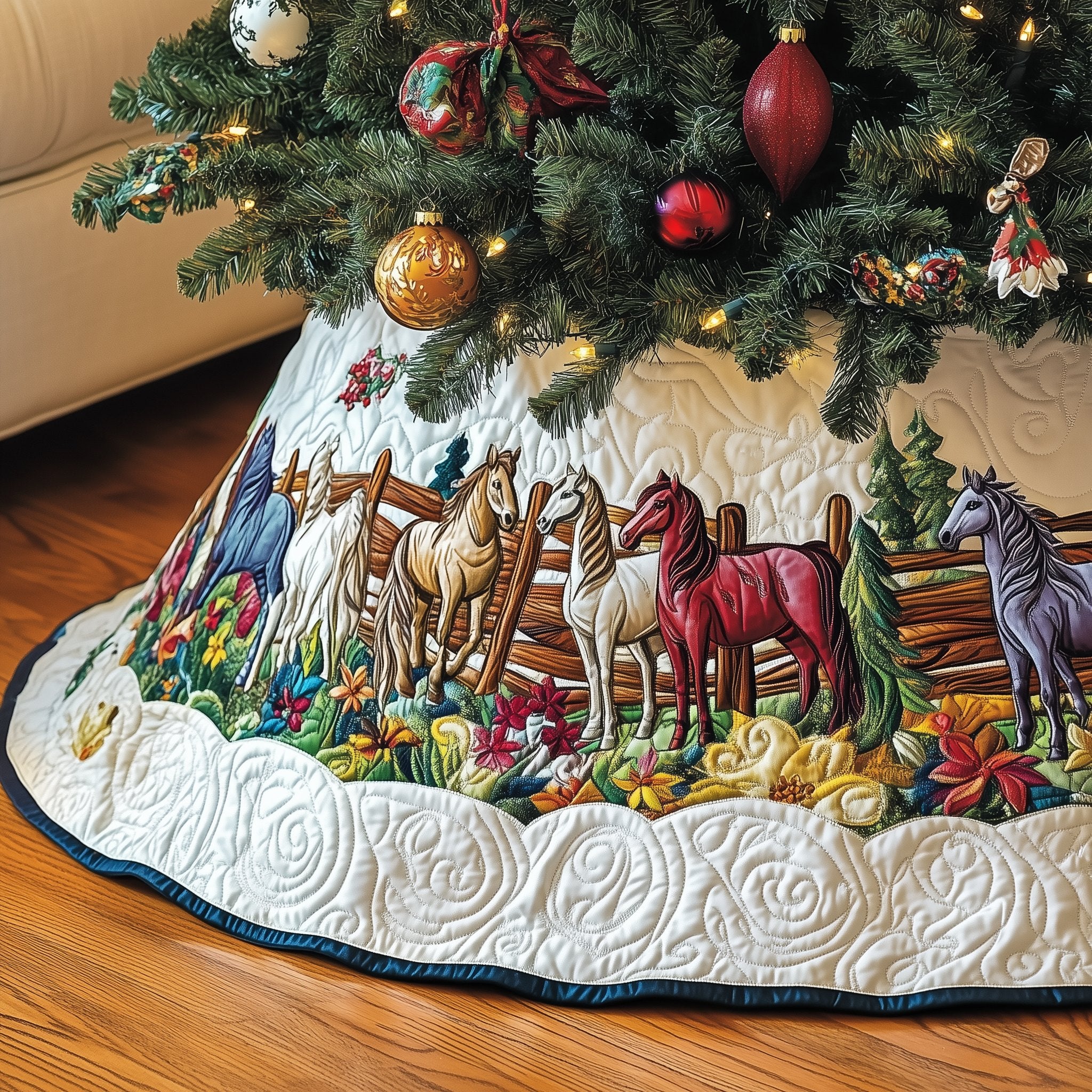 Horses in a Field of Flowers Christmas Tree Skirt