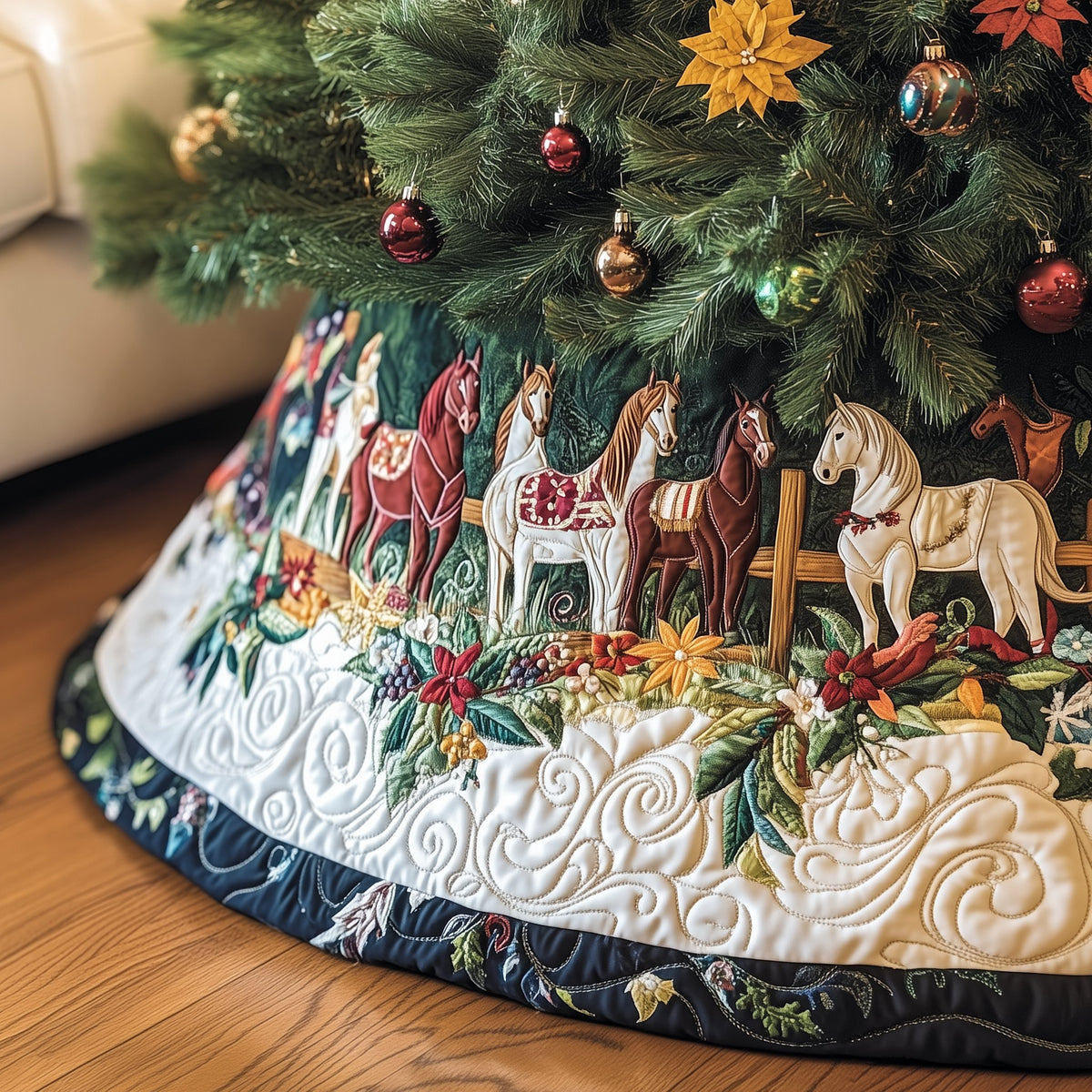 Red and White Horses with Poinsettias Christmas Tree Skirt