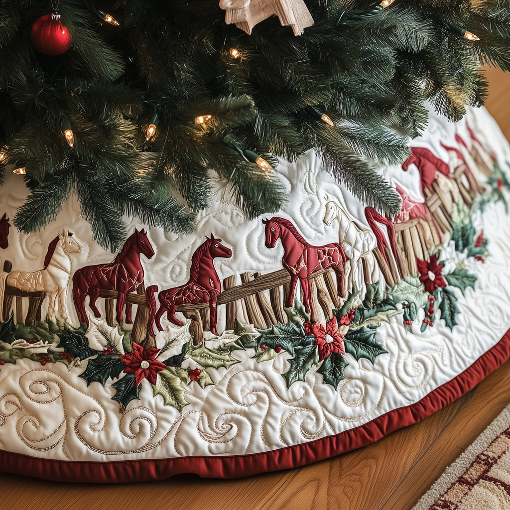 Red Horses Along the Fence Christmas Tree Skirt