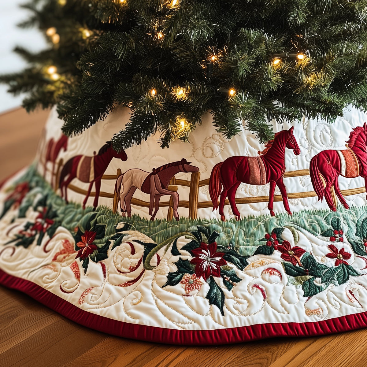 Red Horses with Poinsettia Border Christmas Tree Skirt