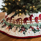 Red Horses with Poinsettia Border Christmas Tree Skirt