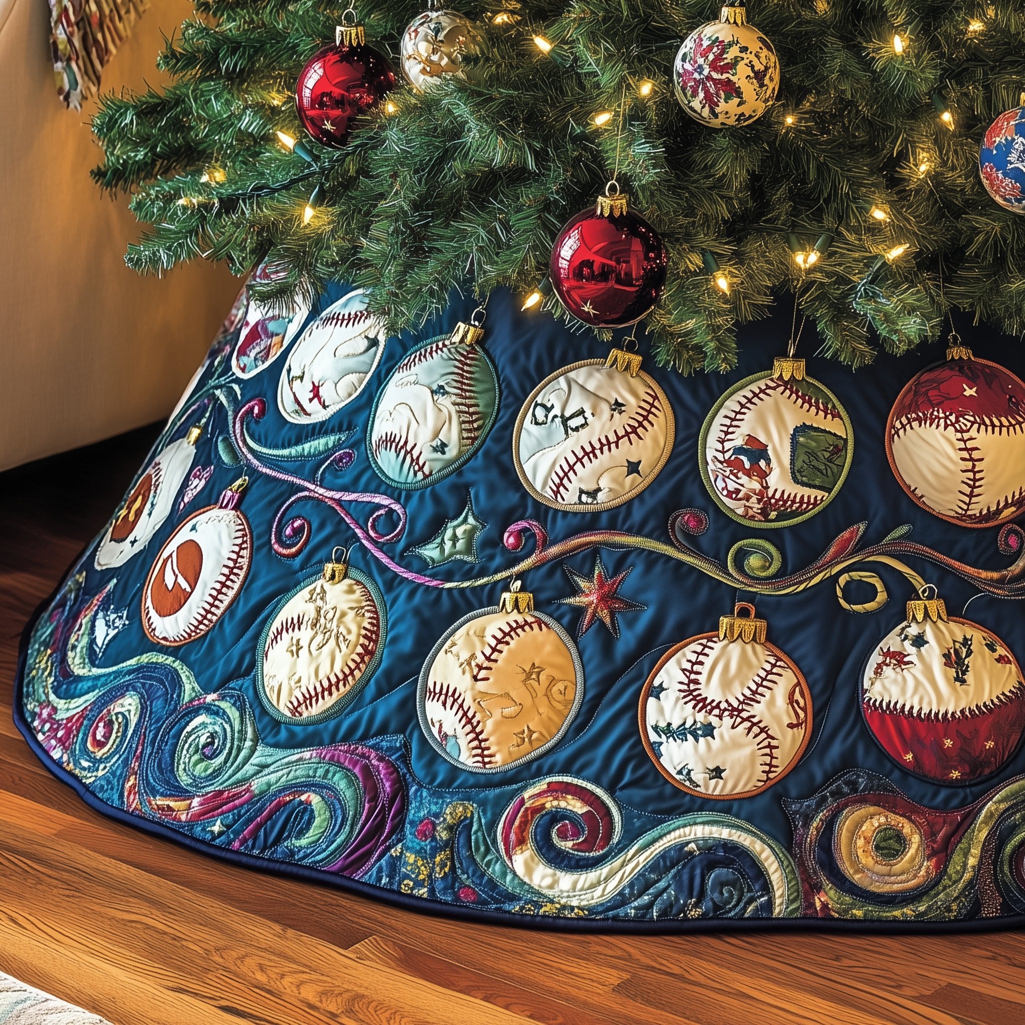 Baseballs on Blue Swirl Quilt Christmas Tree Skirt