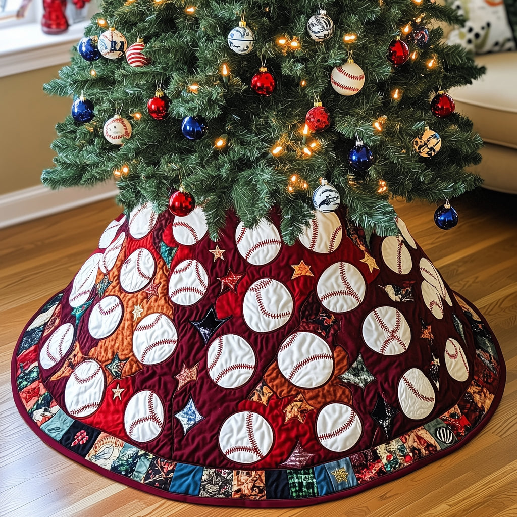 Baseballs and Stars on Red Christmas Tree Skirt