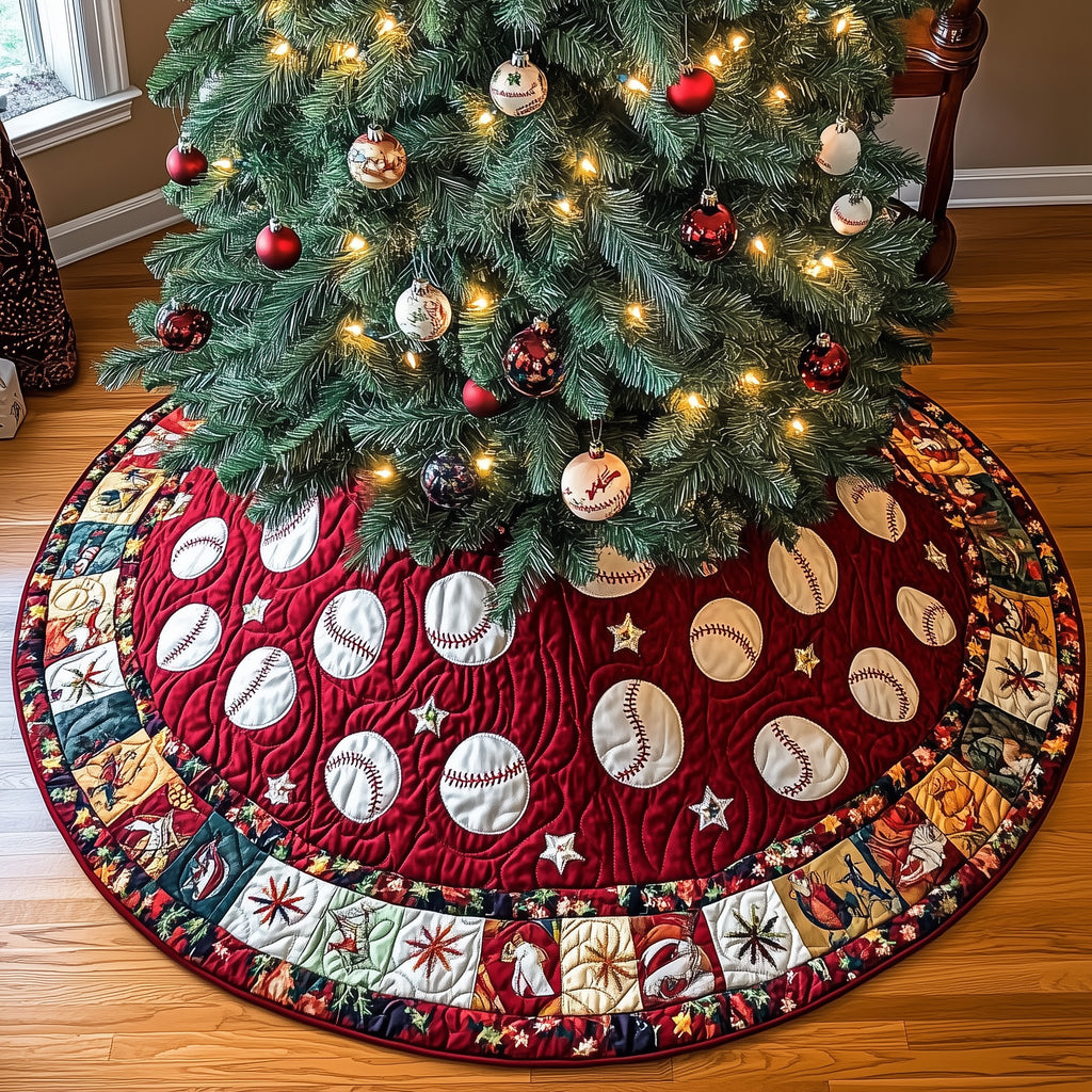 Baseballs on Red Patchwork Border Christmas Tree Skirt