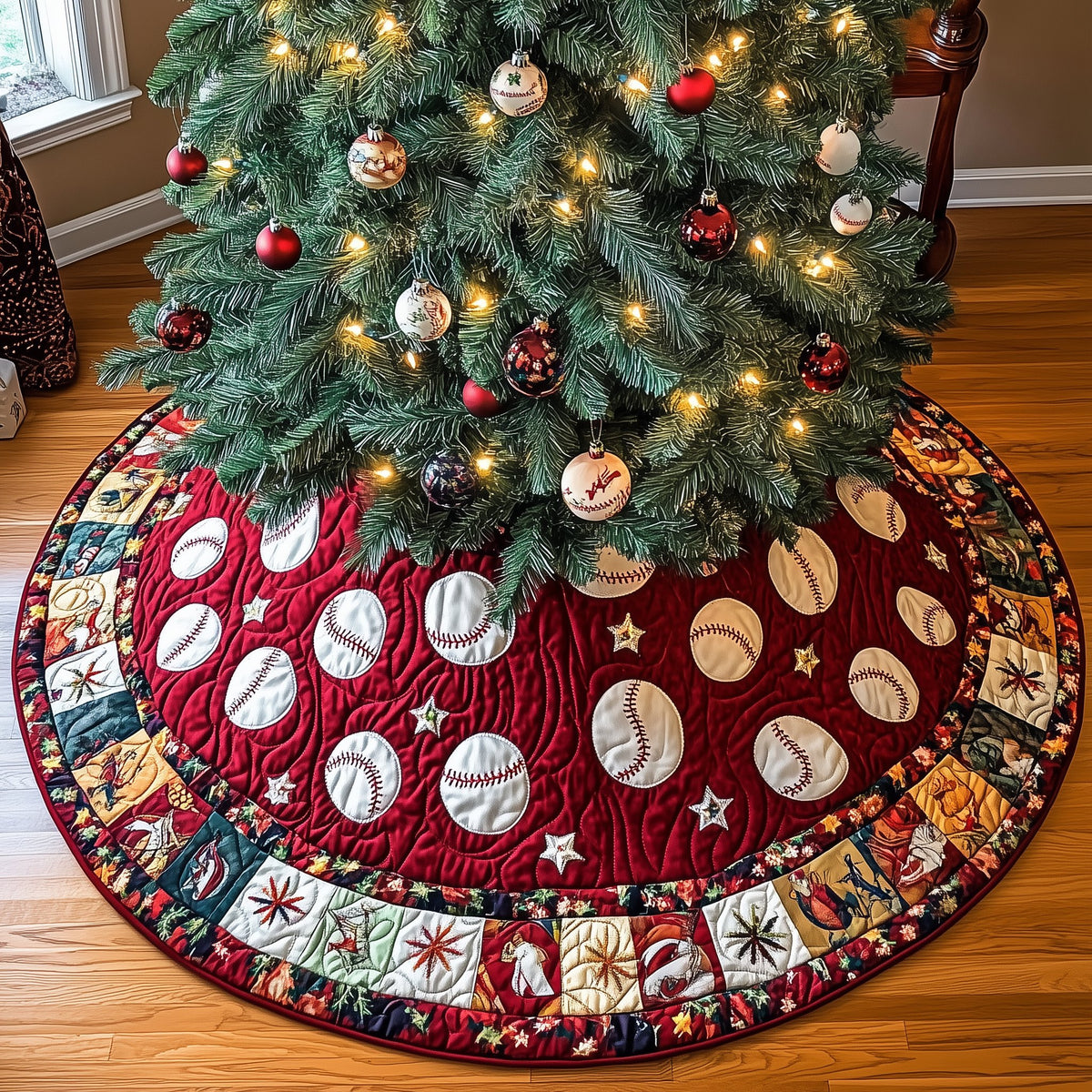 Baseballs on Red Patchwork Border Christmas Tree Skirt