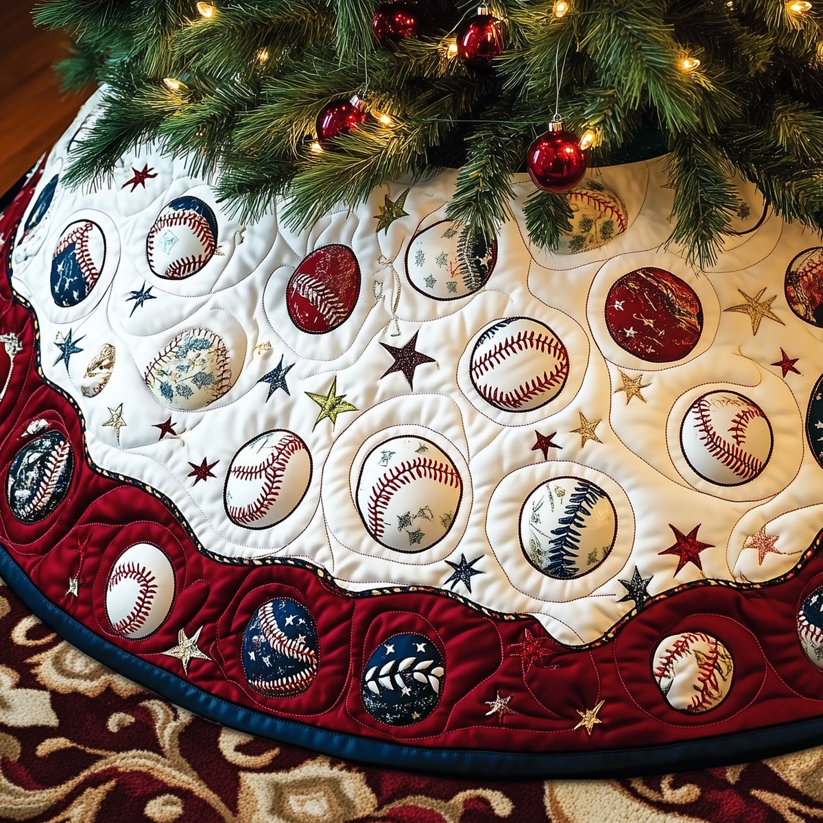 Baseballs on Cream and Red Stars Christmas Tree Skirt