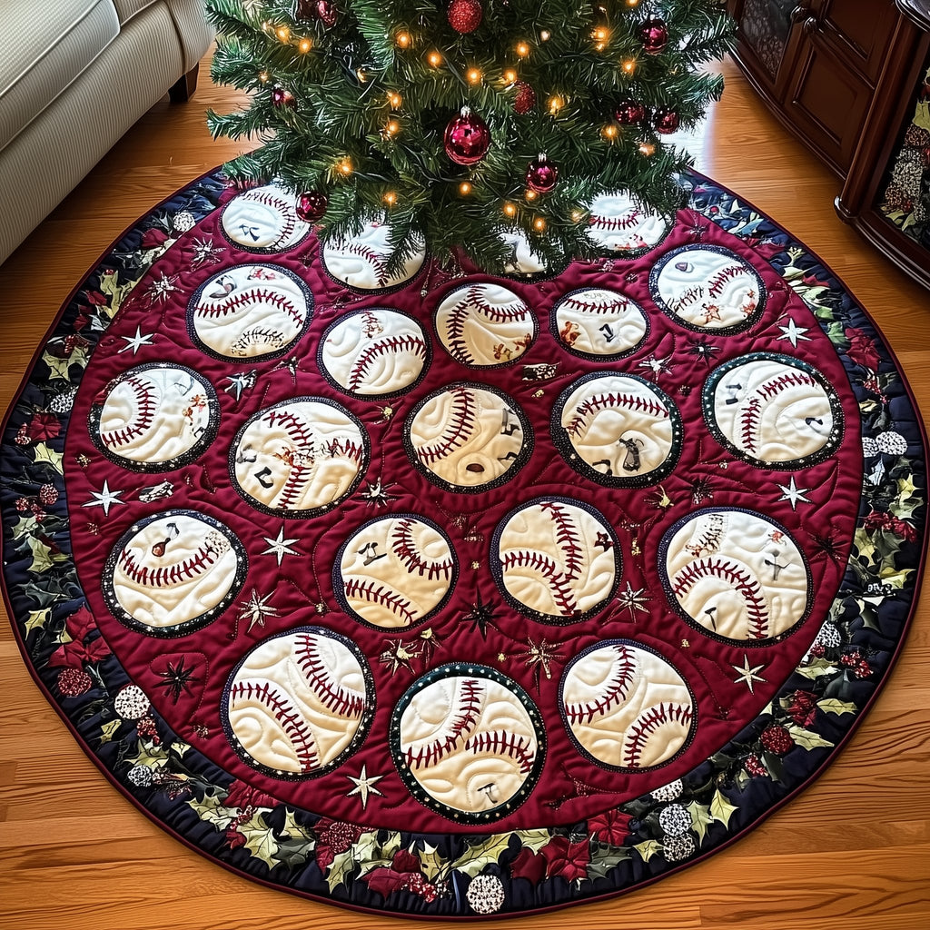 Baseballs Scattered on Burgundy Christmas Tree Skirt