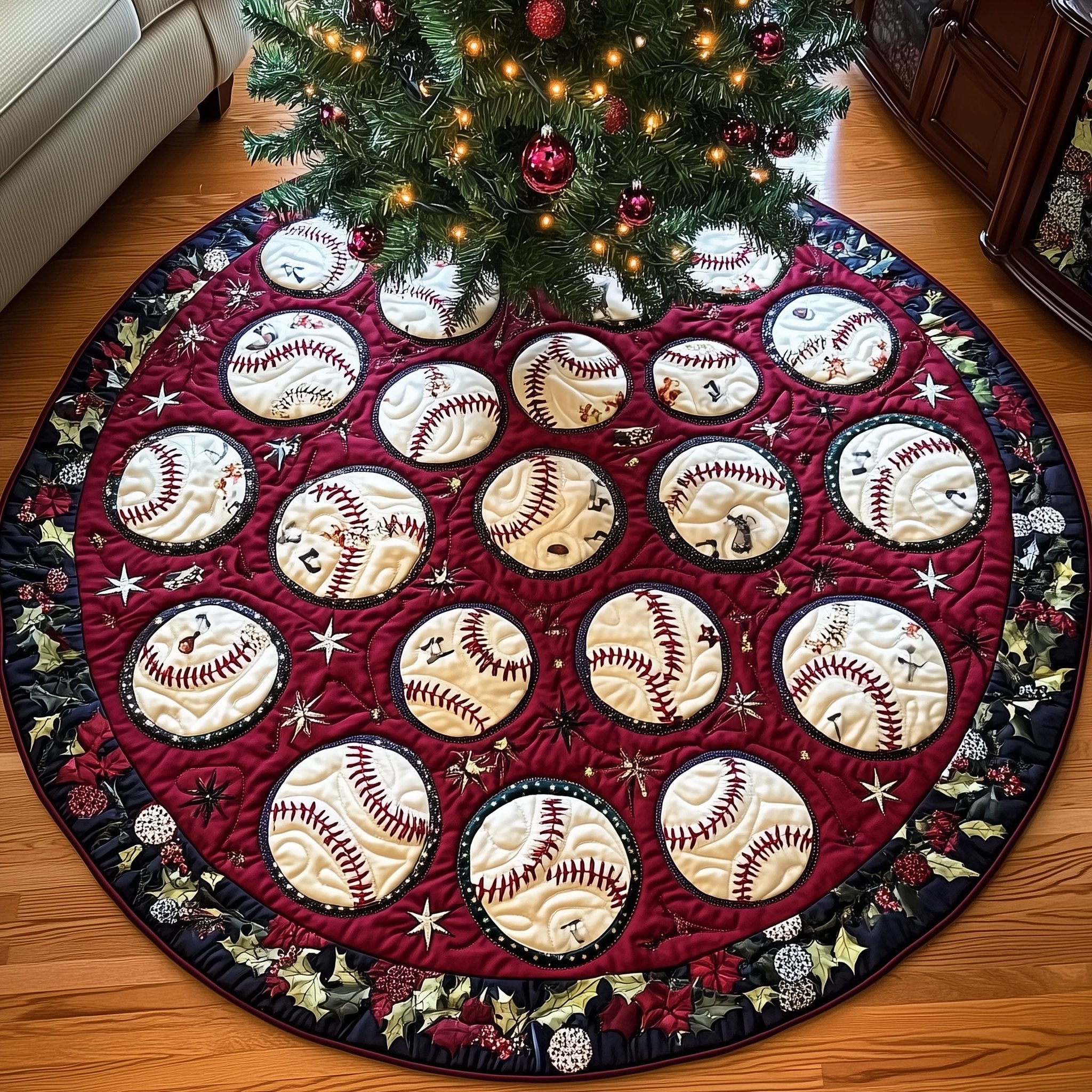 Baseballs Scattered on Burgundy Christmas Tree Skirt