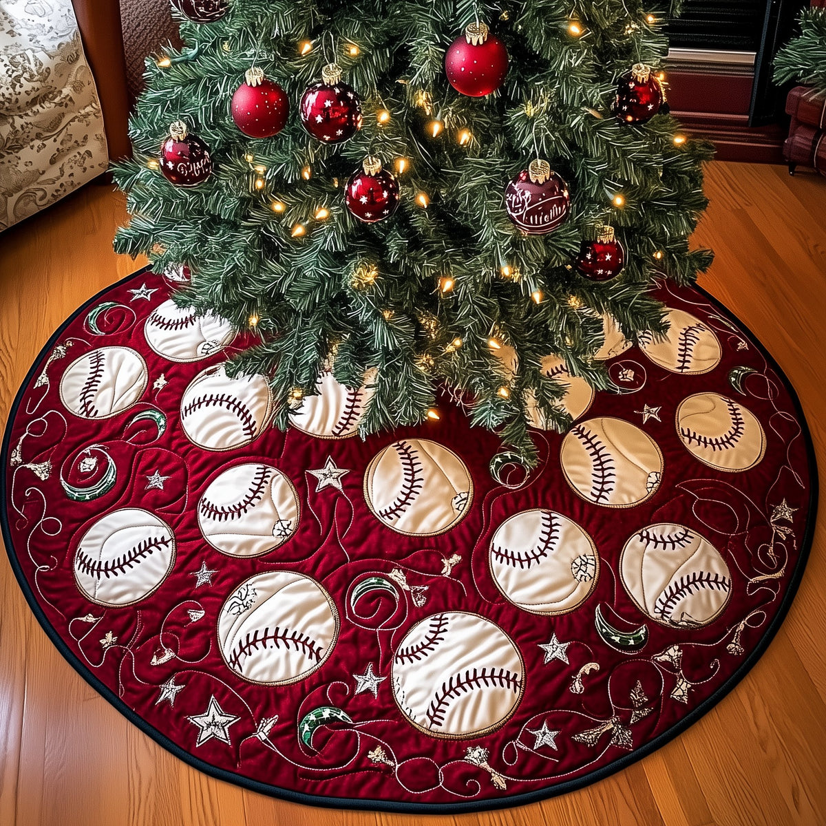 Baseballs with White Stars on Red Christmas Tree Skirt