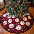 Baseballs with White Stars on Red Christmas Tree Skirt